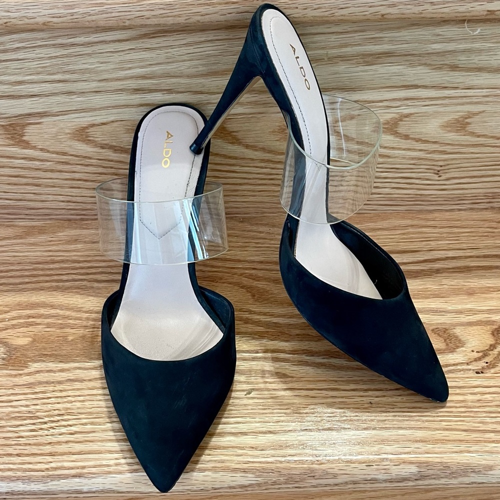 ALDO Mule Heels Black Size 10 Slip On Pointy Toe Suede Stiletto 4” Shoes